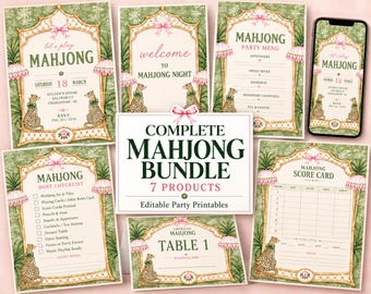 Könnte beinhalten: Ein komplettes Mahjong-Set mit sieben bearbeitbaren Party-Druckvorlagen, die einen grünen botanischen Hintergrund, bambusartige Rahmen, rosa Schleifen und Leoparden-Illustrationen zeigen. Enthält Einladung, Willkommensschild, Menü und Punktekarte.
