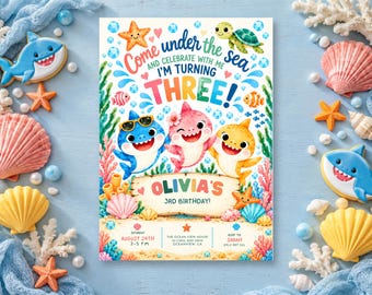 Invitación de cumpleaños número 3 de Baby Shark, plantilla de Canva "Bajo el mar", impresión de 5x7 y invitación para teléfono.