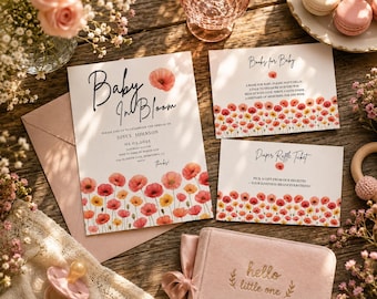 Baby in Bloom Invite Bundle, Floral Shower Invitation, Diaper Raffle, Books for Baby, Editable Canva template, poppy flowers