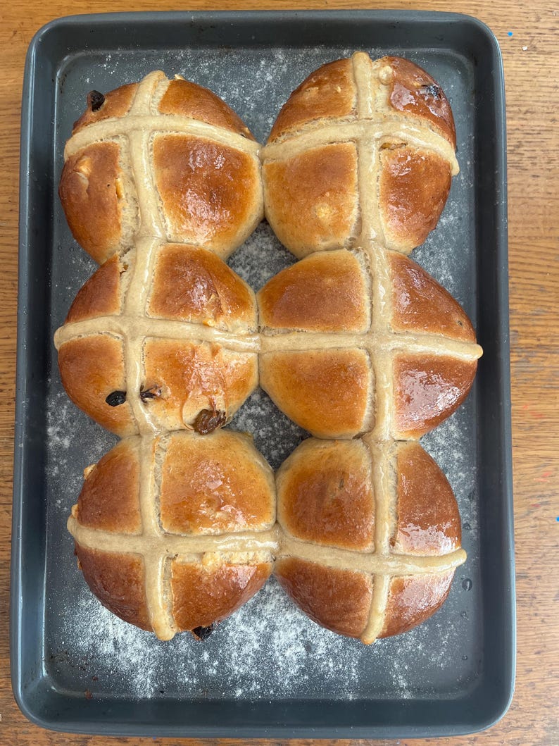 sourdough Hotcross bun crosses made from last over sourdough starter discard