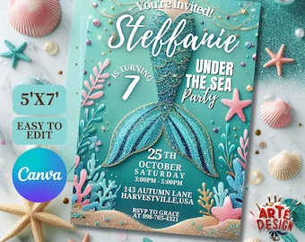 Editable Mermaid Birthday Invitation, Mermaid Party Invitation, Mermaid Tail Birthday Invitation Digital Download, Under The Sea Birthday In