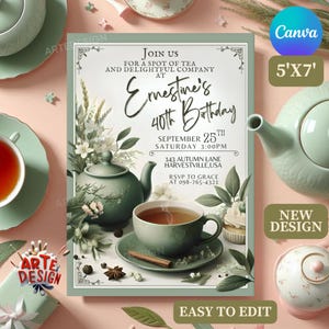 Tea Party Invitation, Editable Tea Party Invitation, Digital Tea Party Birthday Inv, Flower  and Tea Invitation, Sage Green Tea Party Invite