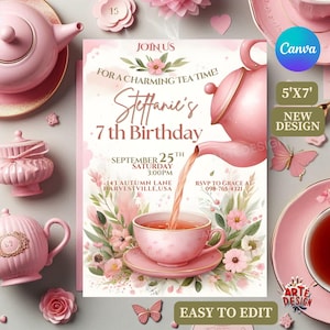 Tea Party Invitation, Editable Tea Party Invitation, Digital Tea Party Invitation, Flower  and Tea Invitation, Pink Tea Party Invitation