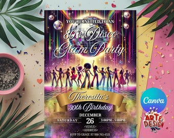 Neon Disco Birthday Invitation, Editable colorful Disco Invitation, 80s Disco Invitation, Disco Party Invitation, Glam disco Invitation