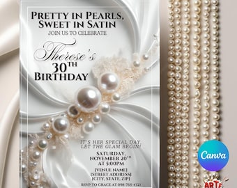 Invitación de fiesta de perlas y satén, invitación de fiesta glamurosa, invitación de cumpleaños de perlas, cumpleaños de adultos, invitación de cumpleaños elegante, invitación con clase