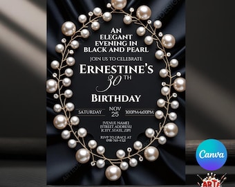 Invitación de fiesta de perlas y satén, invitación de fiesta glamurosa, invitación de cumpleaños de perlas, cumpleaños de adultos, invitación de cumpleaños elegante, invitación con clase