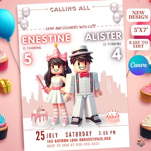 Convite de festa de aniversário editável, convite de aniversário oblox, convite inspirado no oblox, modelo de convite de aniversário, convite para irmãos oblox