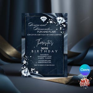 Faire-part d'anniversaire en denim, faire-part de fête en denim et diamants, faire-part en denim pour adulte, faire-part d'anniversaire diamants, invitation élégante