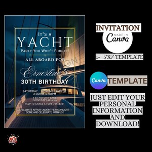 May include: A blue and gold invitation for a 30th birthday party on a yacht. The invitation says "It's a Yacht Party You Won't Forget!" and "All Aboard for Ernestine's 30th Birthday". The invitation includes the date, time, location, and RSVP information.