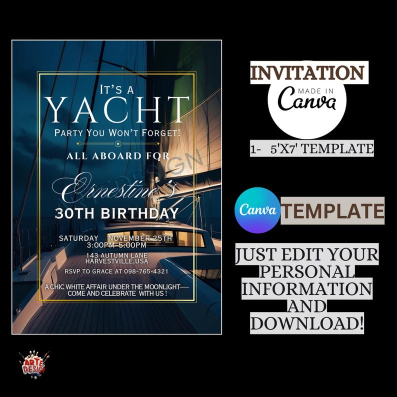 May include: A blue and gold invitation for a 30th birthday party on a yacht. The invitation says "It's a Yacht Party You Won't Forget!" and "All Aboard for Ernestine's 30th Birthday". The invitation includes the date, time, location, and RSVP information.