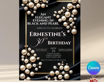 Invitación de fiesta de perlas y satén, invitación de fiesta glamurosa, invitación de cumpleaños de perlas, cumpleaños de adultos, invitación de cumpleaños elegante, invitación con clase