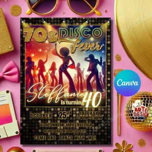 Disco Fever verjaardagsuitnodiging, bewerkbare uitnodiging voor discofeestje jaren 70, uitnodiging volwassen discofeest, uitnodiging discofeestje, uitnodiging discofeestje jaren 70