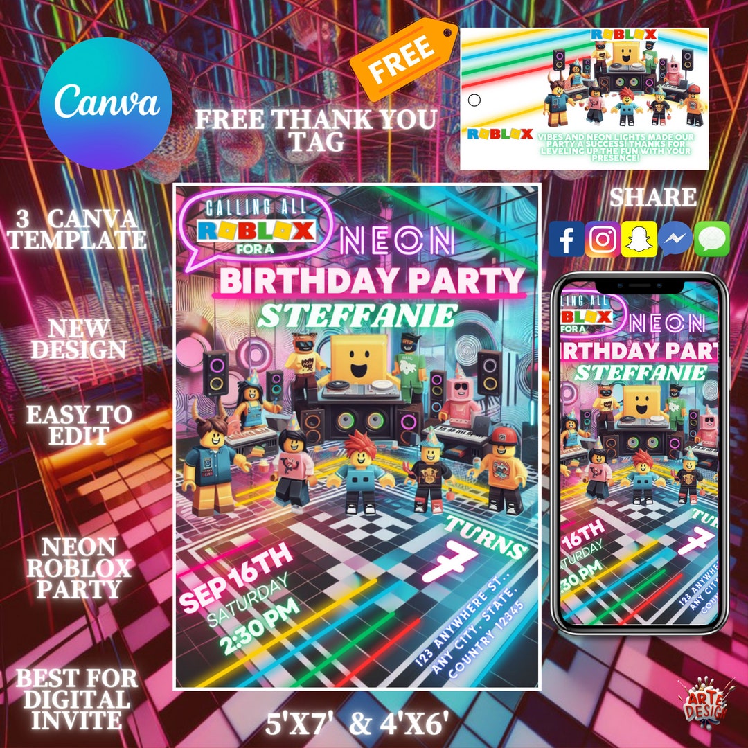 Neon Roblox Birthday Party Invitation, Editable Birthday Invitation