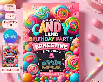 May include: A colourful birthday party invitation with a candy theme. The invitation features a cartoon illustration of colourful lollipops and candy. The text on the invitation reads "Join us for a Candy Land Birthday Party, Ernestine is turning 5".