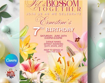 Flower Lily Birthday Invitation, Lily Flower Birthday Party Invitation, Flower Invitation Birthday, Lily Birthday Invitation, Editable Invi