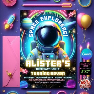 Faire-part d'anniversaire astronaute néon, faire-part d'anniversaire explorateur de l'espace néon, invitation anniversaire Space Boy, espace de naissance modifiable