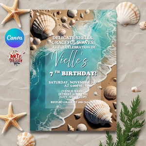 Invitación de cumpleaños de playa, invitación de cumpleaños de conchas, invitación de costa de mar, invitación de fiesta de cumpleaños, invitación de conchas marinas, invitación al océano