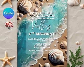 Beach Birthday Invitation, Shell Birthday Invitation, Shore Sea Invitation, Birthday Party Invitation, Sea shell Invitation, Ocean invitatio