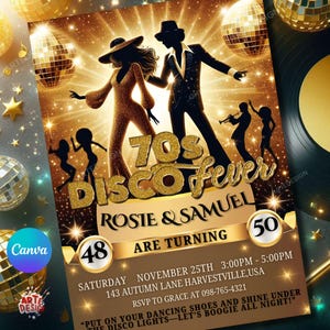 Faire-part d'anniversaire de fièvre disco couple, faire-part d'anniversaire disco modifiable des années 70, invitation disco adulte, invitation de soirée disco, invitation de couple