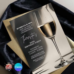 Convite de aniversário com champanhe editável, convite para festa com champanhe, convite com champanhe para aniversário de adulto, convite de aniversário com convite de aniversário