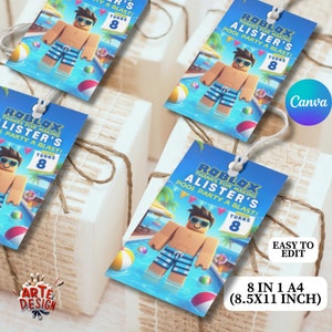 Może przedstawiać: Osiem drukowanych etykiet na upominki z postacią Roblox w otoczeniu basenu. Etykiety są niebieskie, zielone i żółte z tekstem "Roblox Alistar's Thanks for making pool party a blast! Turns 8".