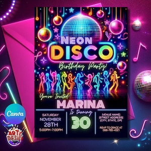 Neon Disco Birthday Invitation, Editable 70s Disco Party Invitation, Adult Disco Invitation, Disco Party Invitation, 70s Neon Disco Invite