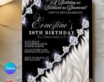 Editable Elegant Birthday Invitation, Diamond Glam Invitation, Diamond Invitation Birthday, Birthday Invitation, Black Glam Party Invitatio