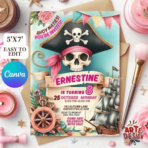 Girl Pirate Birthday Invitation, Pirate Birthday Party Invitation, Pirate Invitation Kid Birthday, Ahoy Pirates Birthday Invitation Editable