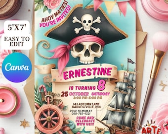 May include: A pink and blue pirate-themed birthday party invitation with a skull and crossbones, a ship, and the text "Ahoy Maties! You're Invited!"  "Ernestine is turning 8"  "25 October Saturday 3:00 PM-5:00 PM"  "143 Autumn Lane Harvestville, USA"  "RSVP to Mom at 098-765-4321"  "Come and Celebrate with us!!!"