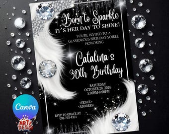 Convite de aniversário elegante e editável, convite glamouroso com diamantes, convite de aniversário com diamantes, convite de aniversário, convite para festa glamourosa em preto