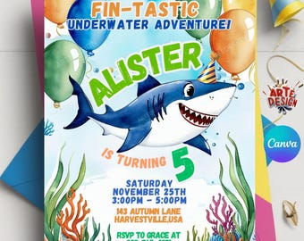 Editable Shark Birthday Invitation, Watercolor Shark Birthday Party Invitation, Shark Invitation Kid Birthday, Blue Shark Birthday Invite