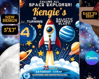 Può includere: Invito per una festa di compleanno a tema spaziale con un razzo. L'invito include il testo "Calling all Space Explorers!" e "Kengie's is turning 4". L'invito è 152cm x 213cm ed è facile da modificare.