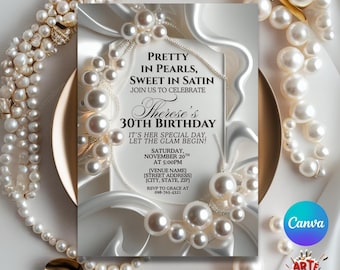 Invitación para fiesta de perlas y satén, invitación para fiesta glamurosa, invitación de cumpleaños con perlas, cumpleaños para adultos, invitación de cumpleaños elegante, invitación con clase