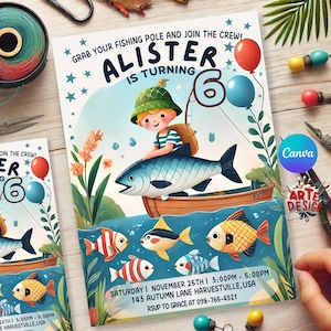 Fishing Birthday Invitation, Lake Fishing Birthday Party Invitation, Fishing Invitation Kid Birthday, Editable Fishing Invitation