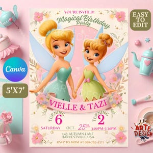 Convite de aniversário da Tinker B, convite para festa de aniversário da fada irmã Sininho, convite da Tinker para aniversário infantil, convite da Tinker para aniversário