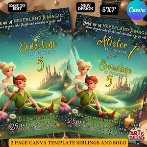 Convite de aniversário de Peter e Tinker, convite de festa de aniversário de Neverland, convite Peterpan de aniversário infantil, convite de aniversário de irmãos