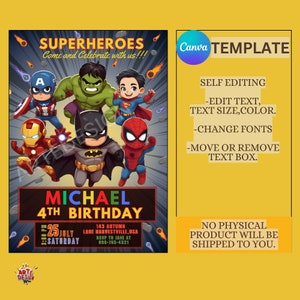 May include: A colorful invitation for a superhero themed 4th birthday party. The invitation features a cartoon illustration of various superheroes, including Superman, Spiderman, Batman, Iron Man, Hulk, and Captain America. The text on the invitation reads "Superheroes Come and Celebrate with us!!!" and "Michael 4th Birthday".