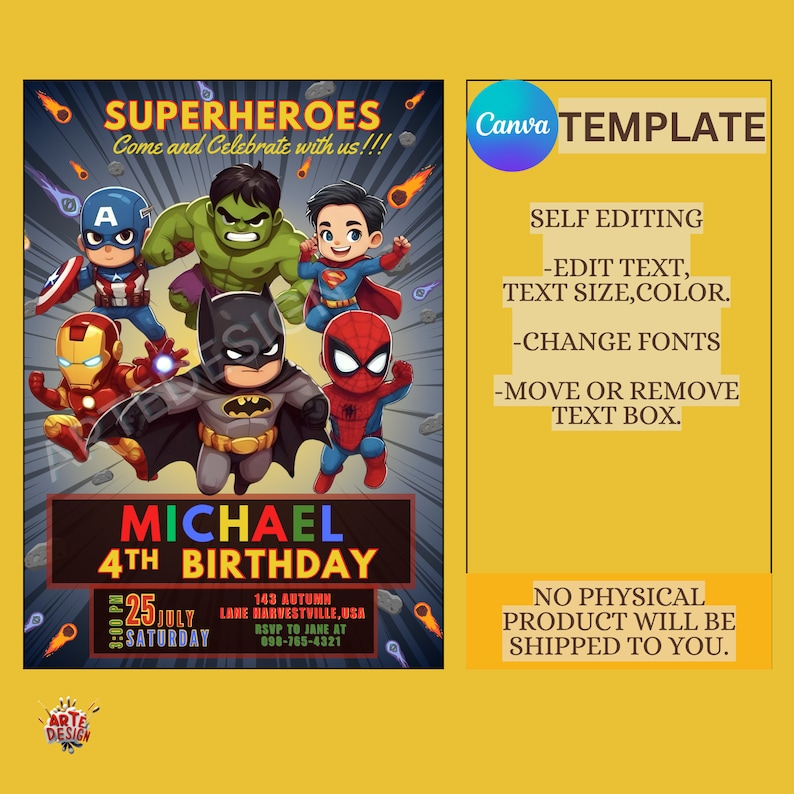 May include: A colorful invitation for a superhero themed 4th birthday party. The invitation features a cartoon illustration of various superheroes, including Superman, Spiderman, Batman, Iron Man, Hulk, and Captain America. The text on the invitation reads "Superheroes Come and Celebrate with us!!!" and "Michael 4th Birthday".