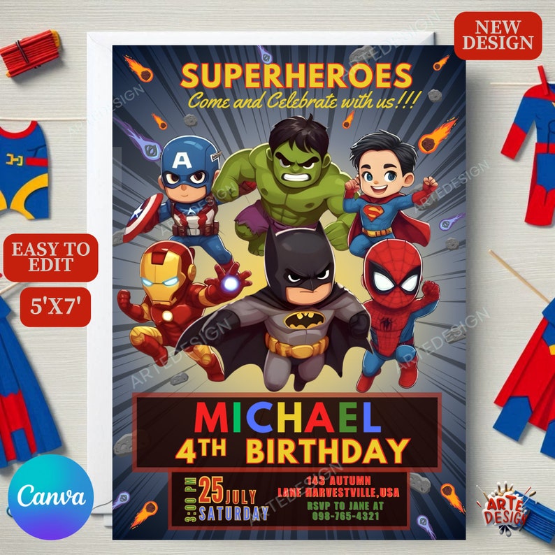 Superhero Birthday Invitation, Boy Superhero Birthday Party Invitation, Superhero Invitation Kid Birthday, Bat Superhero Invite. image 1