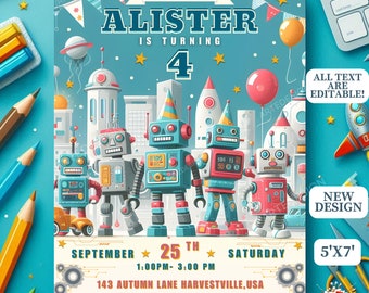 Puede incluir: Una invitación de cumpleaños azul y blanca con temática de robots. La invitación dice "¡Estás invitado!" y "Alister cumple 4 años". También incluye la fecha, la hora y el lugar de la fiesta. La invitación está decorada con robots, estrellas y cohetes.