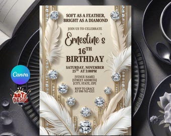 Fjäder- och diamantfödelsedagsinbjudan, diamantglamorös inbjudan, diamantinbjudan födelsedag, födelsedagsinbjudan, glamourfestinbjudan