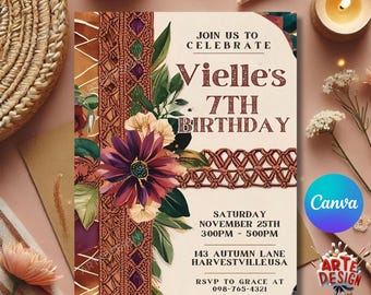 Invitación de cumpleaños boho, invitación de fiesta boho editable, invitación con arte lineal boho, invitación boho, invitación boho para adultos, invitación con flores