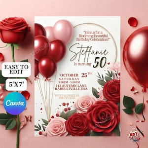 Convite de aniversário com rosas vermelhas, convite para festa de aniversário com flores rosas, convite para aniversário com flores adultas, convite para aniversário com rosas vermelhas, convite para festa de aniversário com flores
