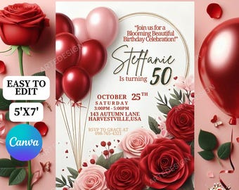 Red Rose Birthday Invitation, Rose Flower Birthday Party Invitation, Adult Flower Invitation Birthday, Red Rose Birthday Invitation, Flower
