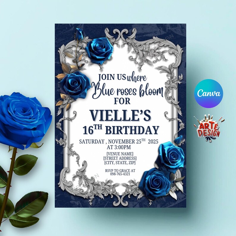 Blue Rose Birthday Invitation, Roses Flower Birthday Party Invitation ...