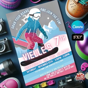 Faire-part d'anniversaire de snowboard, faire-part de fête d'anniversaire de neige, Faire-part de snowboard, Invi de fête d'anniversaire d'enfants, Faire-part de fête de neige,