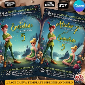 Convite de aniversário de Peter e Tinker, convite de festa de aniversário de Neverland, convite Peterpan de aniversário infantil, convite de aniversário de irmãos