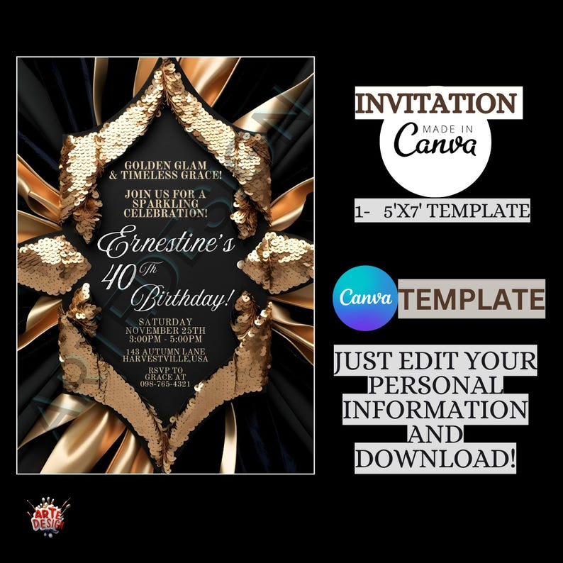 May include: A black and gold 40th birthday party invitation with gold sequins and a black background. The text reads "Golden Glam & Timeless Grace! Join us for a Sparkling Celebration! Ernestine's 40th Birthday! Saturday, November 25th, 3:00PM - 5:00PM, 143 Autumn Lane, Harvestville, USA. RSVP to Grace at 098-765-4321."