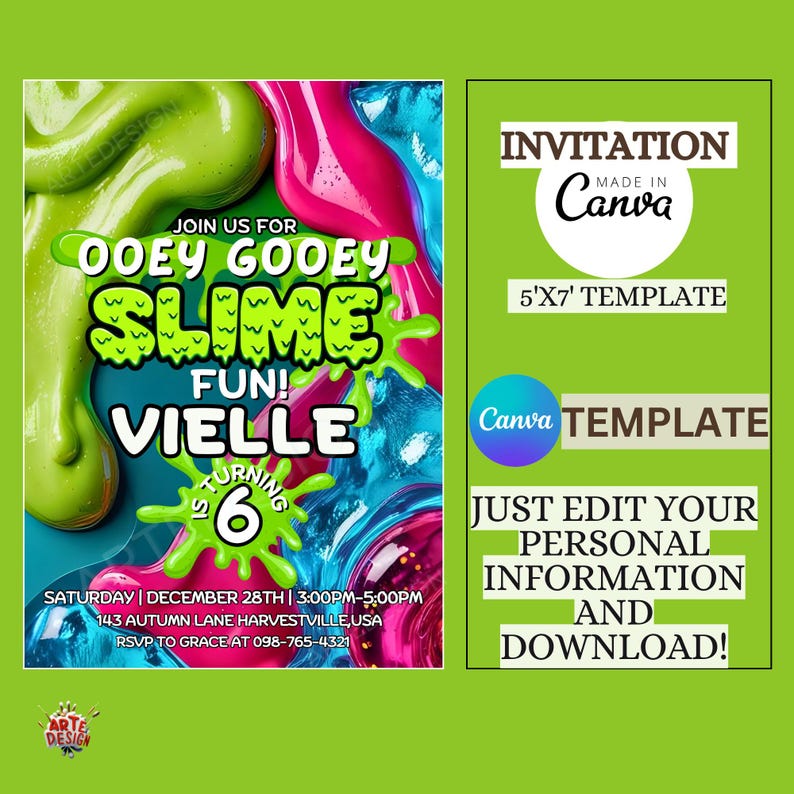 May include: A vibrant invitation template for a slime-themed birthday party. The design features green, pink, and blue slime textures with the text "OOEY GOOEY SLIME FUN!" and party details. The template is made in Canva.