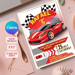 Rode auto verjaardagsfeestje uitnodiging, auto verjaardagsuitnodiging, race auto verjaardagsuitnodiging, auto thema verjaardagsuitnodiging, autorace verjaardag